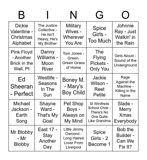 Christmas Number 1's Bingo Card