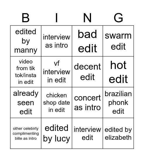 Billie Eilish Edit Bingo Card