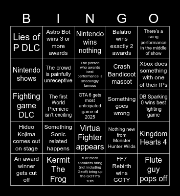 The Gay Awards 2024 Bingo Card