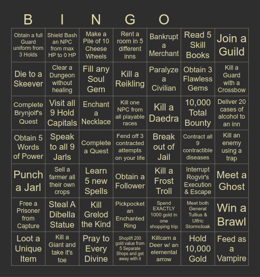 Skyrim Randomizer Bingo Card