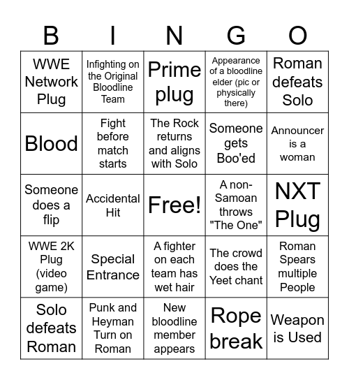 WWE Survivor Series - Bloodline vs Bloodline Bingo Card