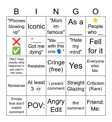 YouTube Shorts Comments Bingo Card