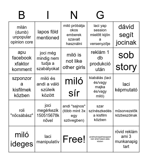 xfaktor Bingo Card