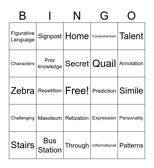 Middle School Bingo Card