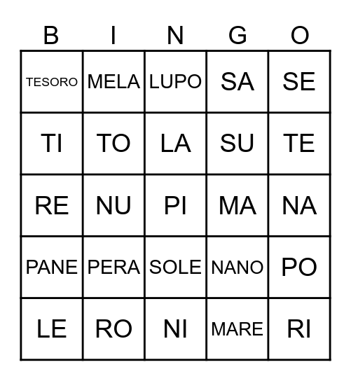 SILLABE - PAROLE -IMMAGINI Bingo Card