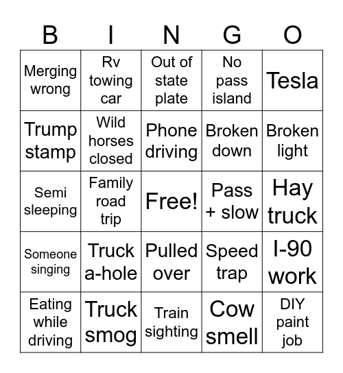 Seattle -> Spokane Driving Bingo Card