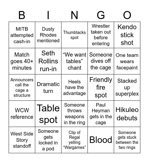 Survivor Series Bingo Card