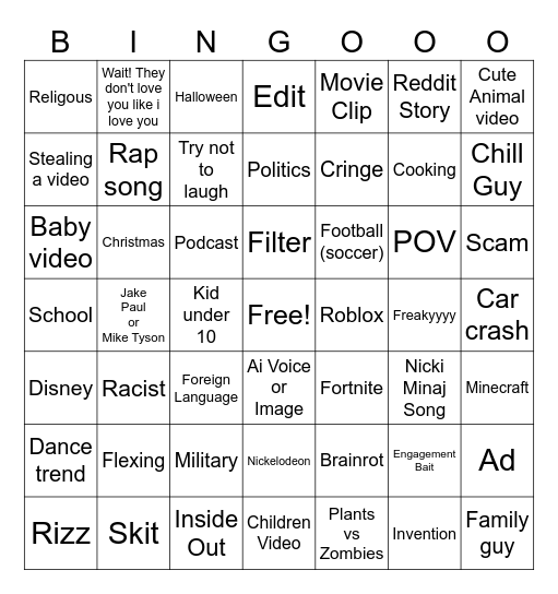 Youtube shorts Bingo Card