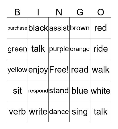 Action Words, Precise Verbs, Color Words Bingo Card