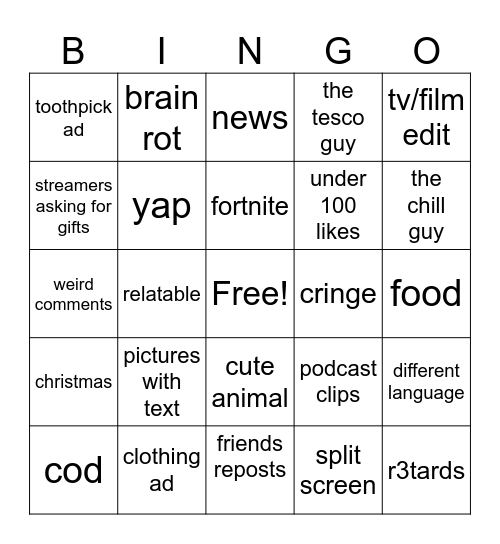 tik tok Bingo Card