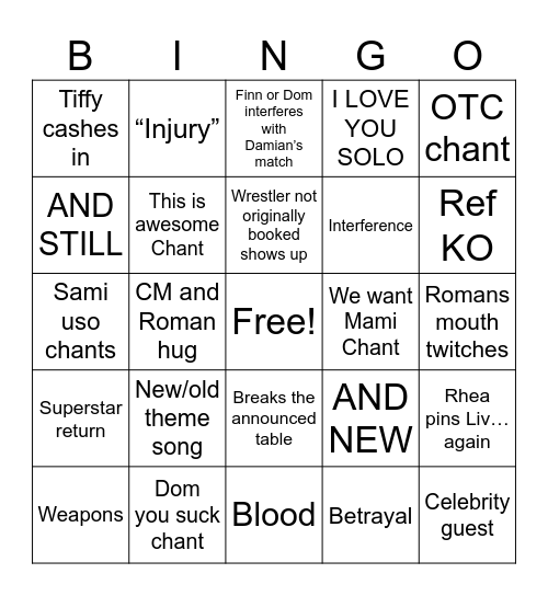 WWE War games Bingo Card