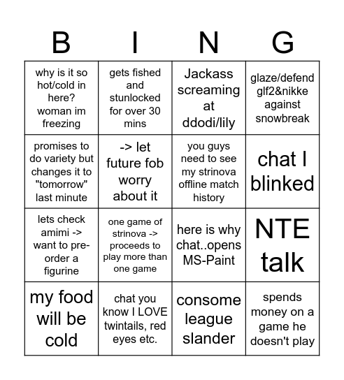 today's fob bingo challenge Bingo Card