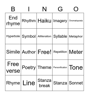 Poetry Bingo Card