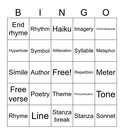 Poetry Bingo Card