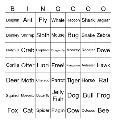Animals 1 Bingo Card