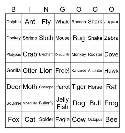Animals 1 Bingo Card