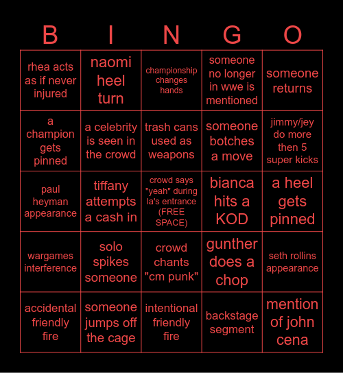 Survivor Series Bingo Card