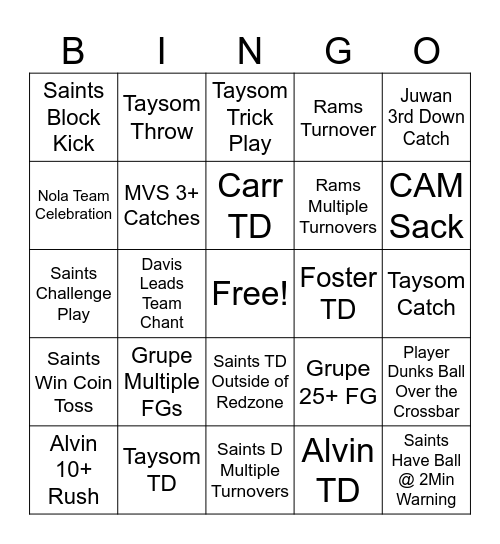 Saints v Rams 24 Bingo Card