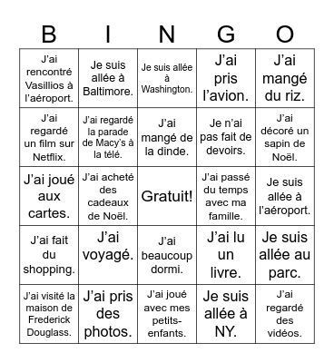 Mes vacances de Thanksgiving Bingo Card