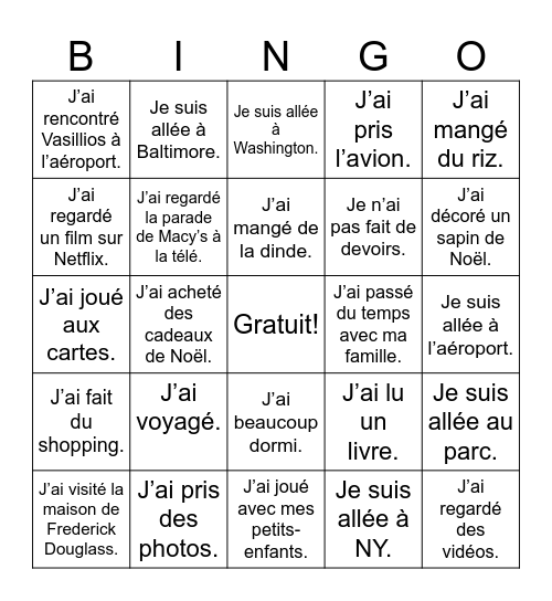 Mes vacances de Thanksgiving Bingo Card