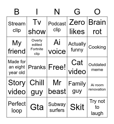 YouTube shorts bingo Card