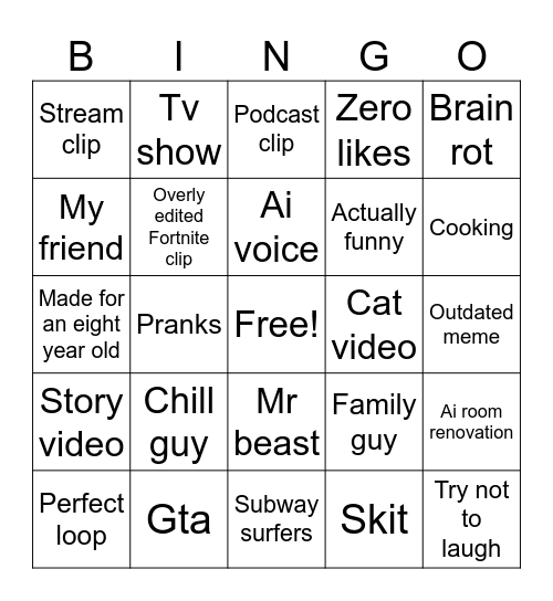 YouTube shorts bingo Card