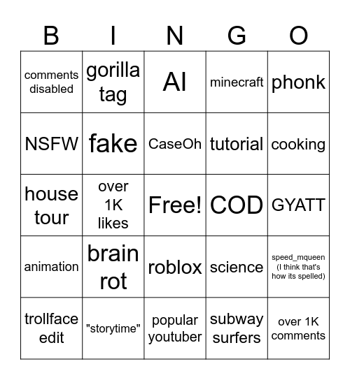 YouTube shorts!!! Bingo Card