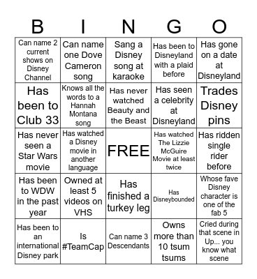 DISNEY FRIEND BINGO Card