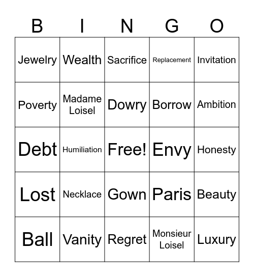 The Necklace Vocabulary Bingo Card