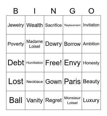 The Necklace Vocabulary Bingo Card