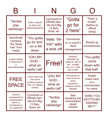 Football Saturday Bingo Card