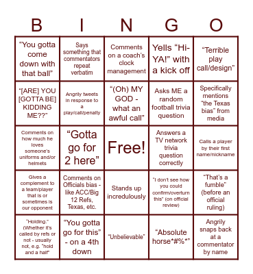 Football Saturday Bingo Card