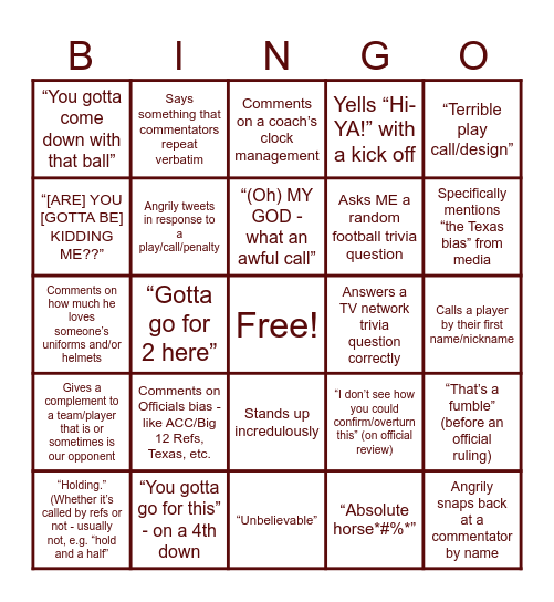 Football Saturday Bingo Card