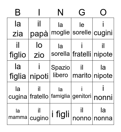 La famiglia Bingo Card