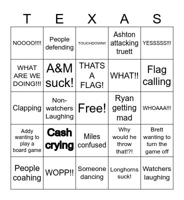 Texas A&M Bingocard Bingo Card