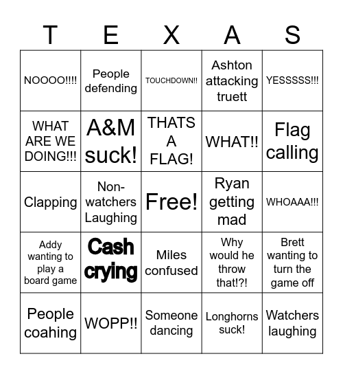 Texas A&M Bingocard Bingo Card