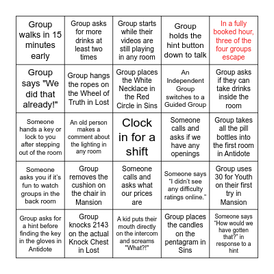 Escapology Bingo 2024 Bingo Card