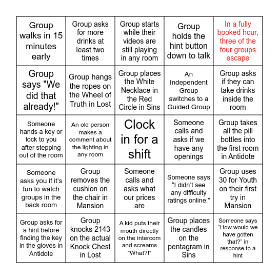 Escapology Bingo 2024 Bingo Card