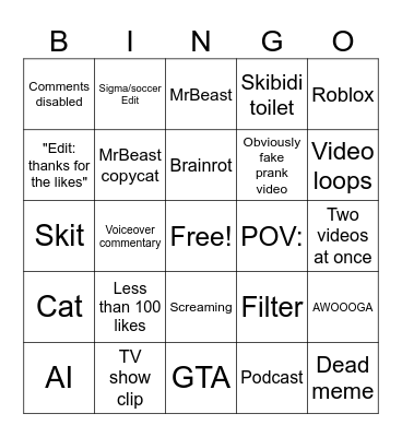 yt shorts Bingo Card