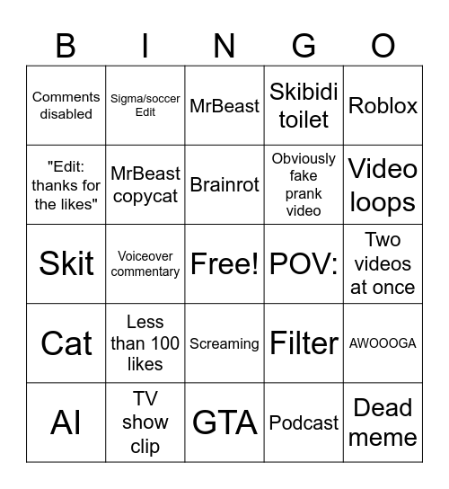 yt shorts Bingo Card