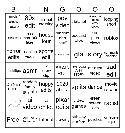 shorts Bingo Card