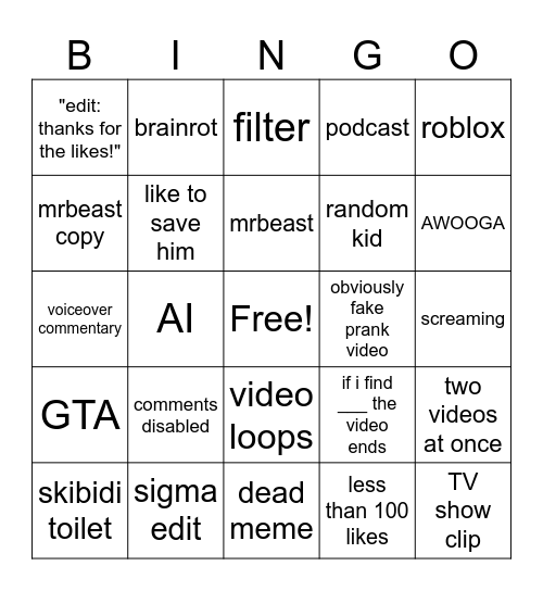 yt shorts Bingo Card