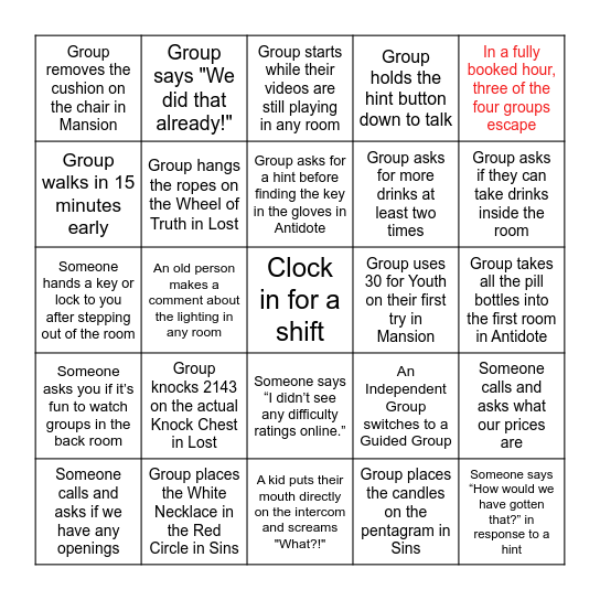 Escapology Bingo 2024 Bingo Card