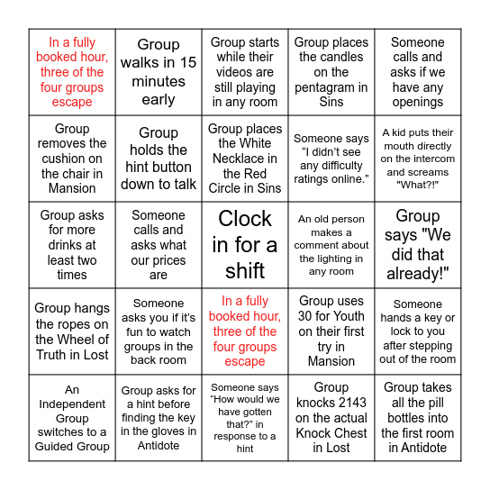 Escapology Bingo 2024 Bingo Card