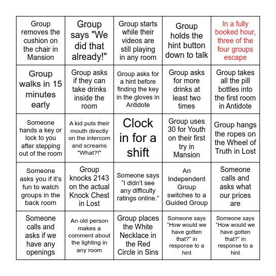 Escapology Bingo 2024 Bingo Card