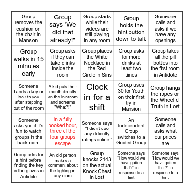 Escapology Bingo 2024 Bingo Card