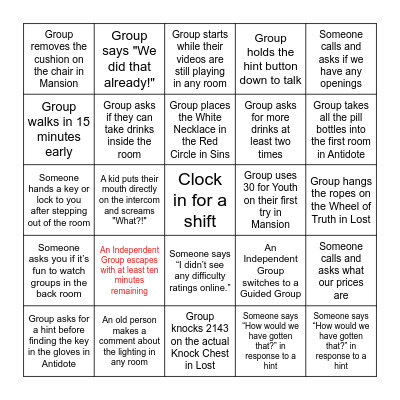 Escapology Bingo 2024 Bingo Card