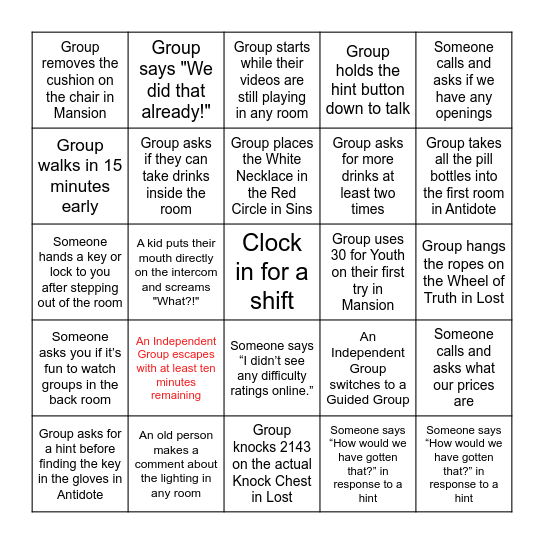 Escapology Bingo 2024 Bingo Card