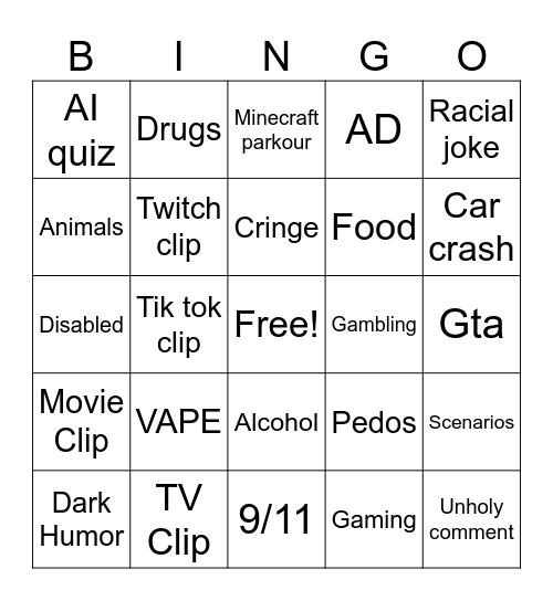 YouTube shorts Bingo Card