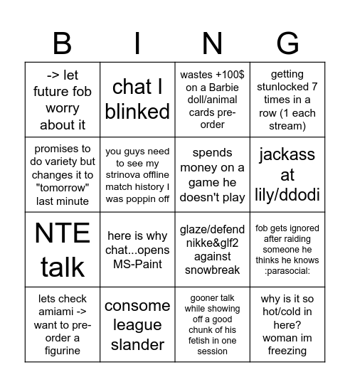 fob stream bingo challenge Bingo Card